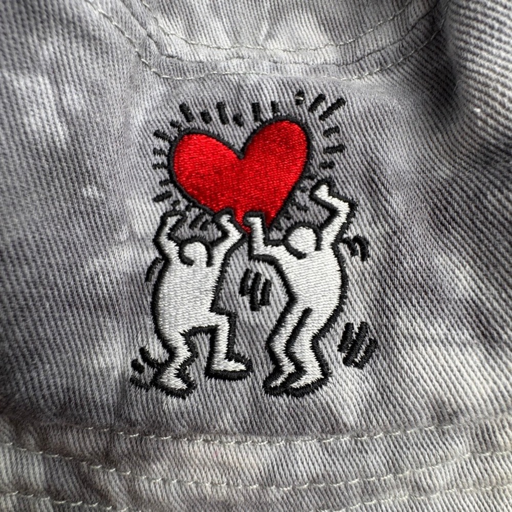 Keith Haring Grey Acid Wash Denim Bucket Hat Embroidered Heart Dancing Figures